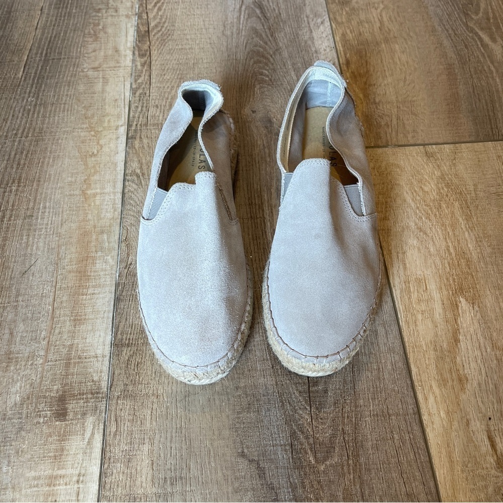Fabiolas Light Gray Soft Suede Slip On Espadrille Flats - Picture 2 of 5